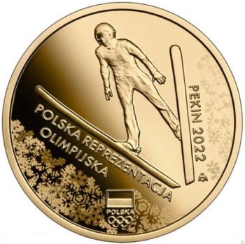 Rewers monety złotej o nominale 10 złotych w temacie "Polska Reprezentacja Olimpijska Pekin 2022"